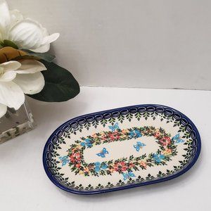 Polish Ceramic Dish Oval UNIKAT P. Kuklin'ska 05-156 Blue Cream Floral Flower